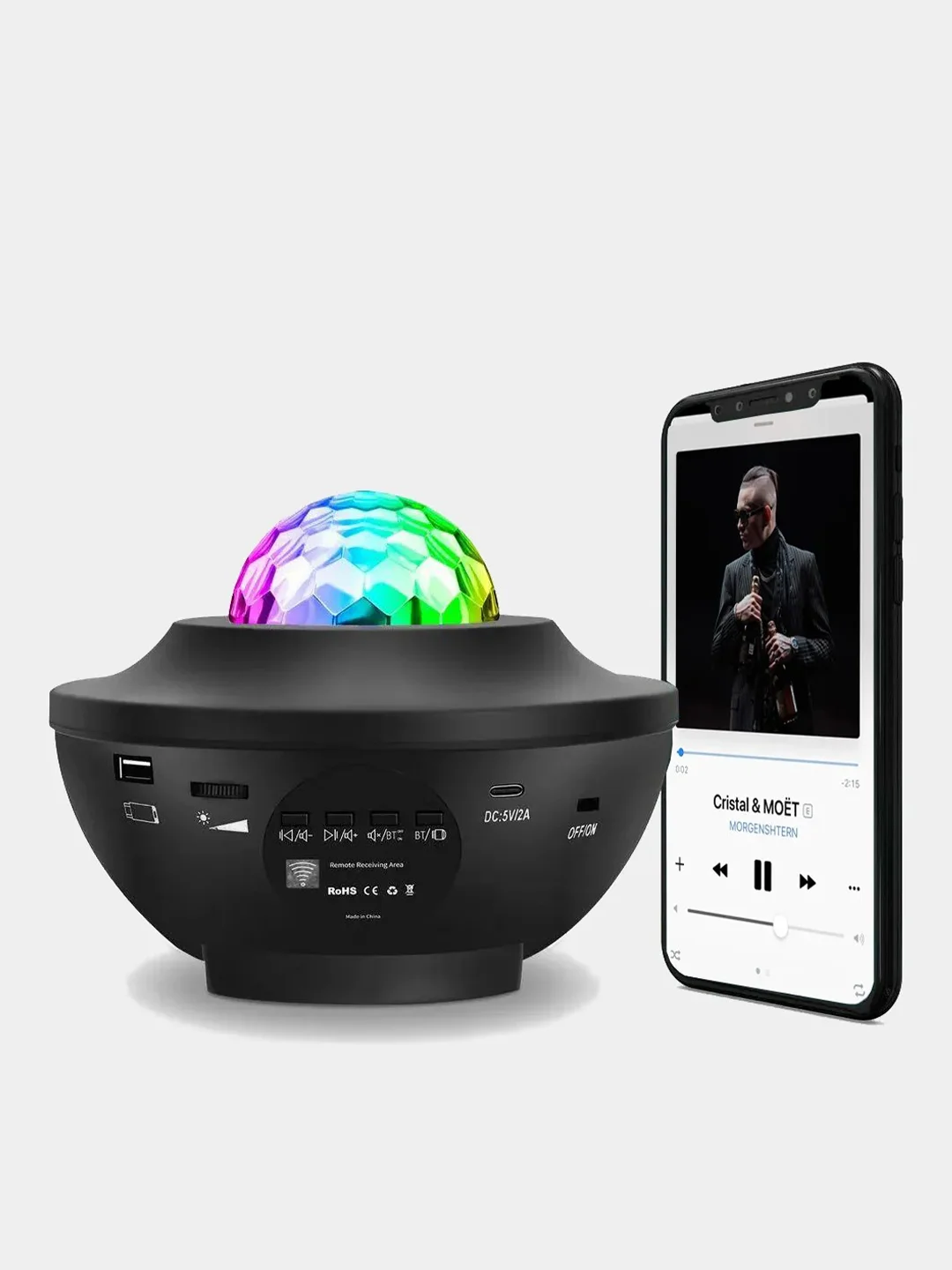 Черный ночник-светильник, проектор звездного неба с пультом и Bluetooth колонкой
