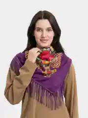 Шоколадный женский русский платок, с бахромой