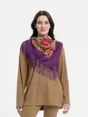 Шоколадный женский русский платок, с бахромой