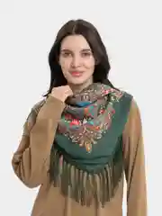 Зелёный хаки платок женский, в русском стиле, с бахрамой, с цветами