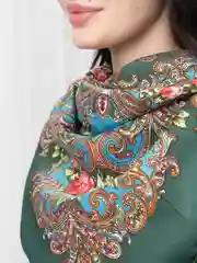Зелёный хаки платок женский, в русском стиле, с бахрамой, с цветами
