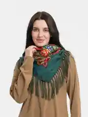 Тёмно-зелёный платок женский, в русском стиле, с бахрамой, с цветами