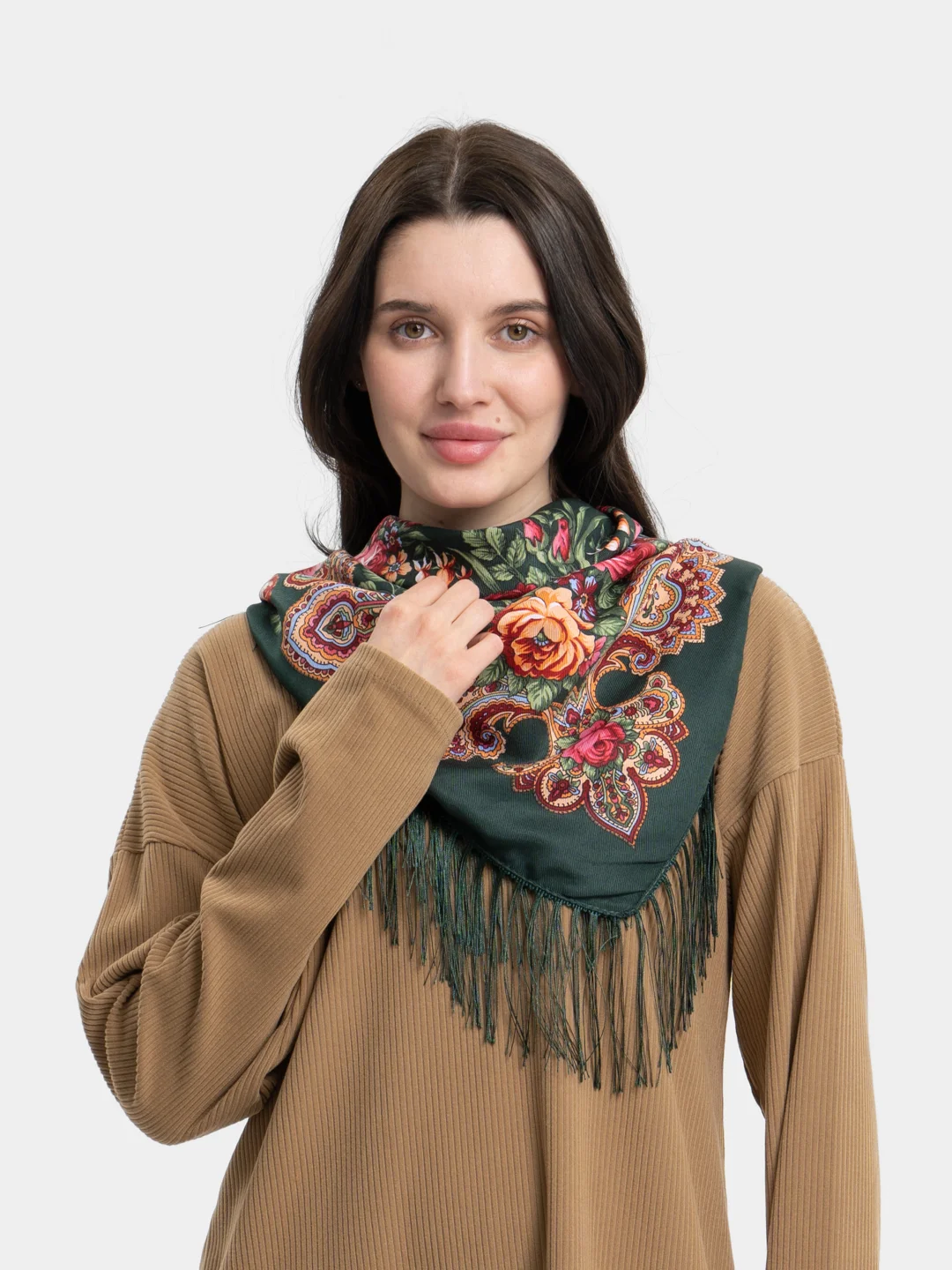 Зелёный хаки женский русский платок, с бахромой