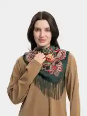 Зелёный хаки женский русский платок, с бахромой
