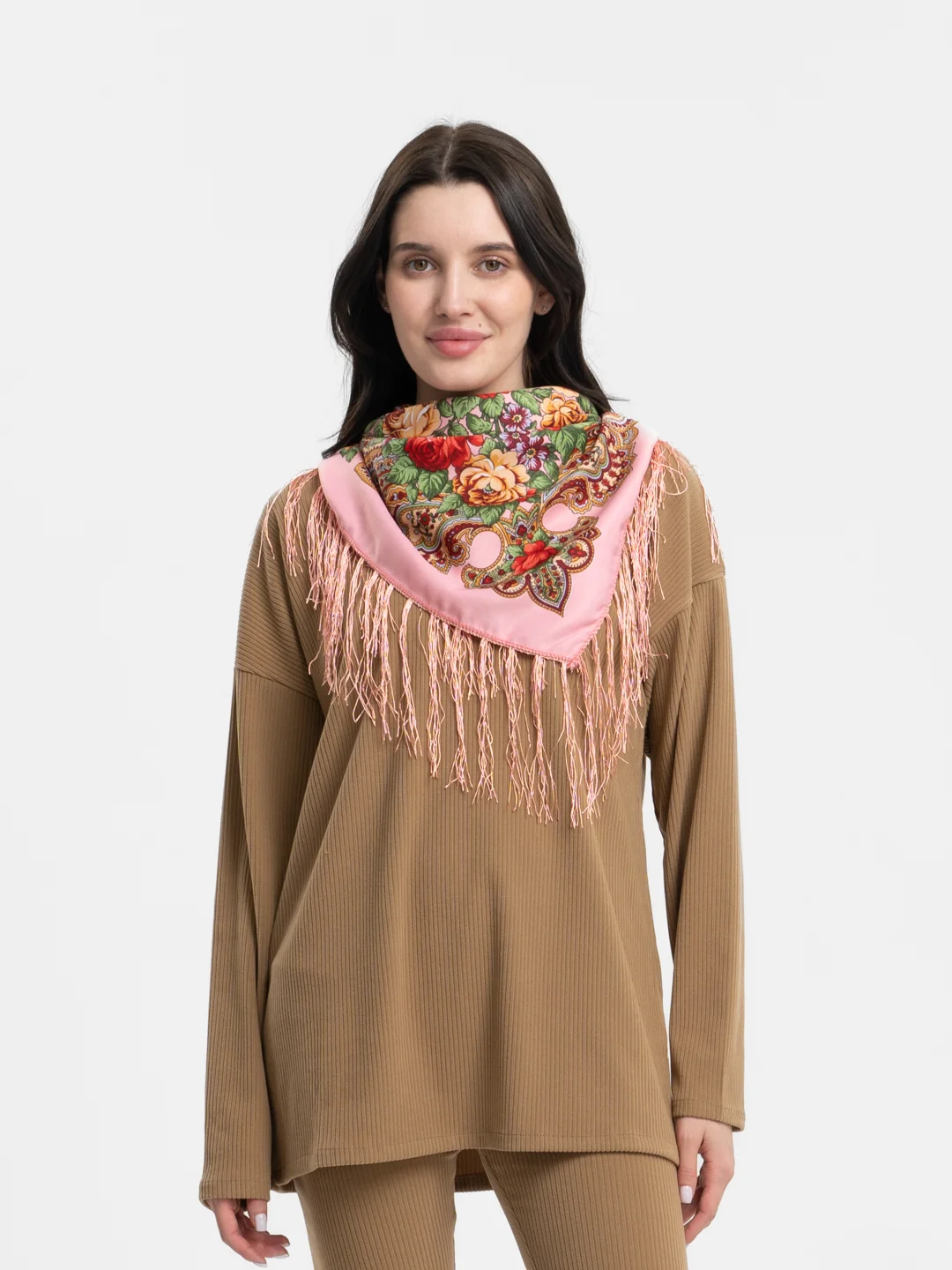 Кораллово-розовый женский русский платок, с бахромой