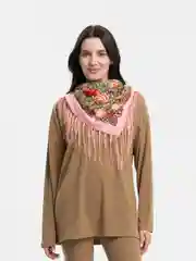 Кораллово-розовый женский русский платок, с бахромой