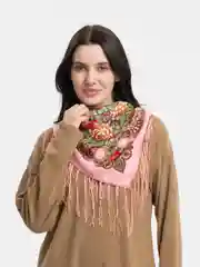 Кораллово-розовый женский русский платок, с бахромой