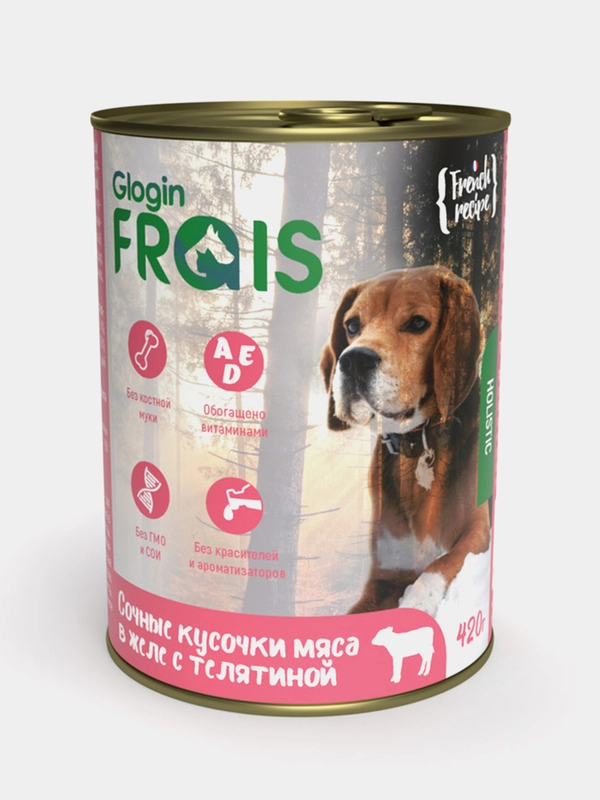 Консервы для собак Frais Holistic Dog, сочные кусочки мяса в желе, с телятиной, 420г