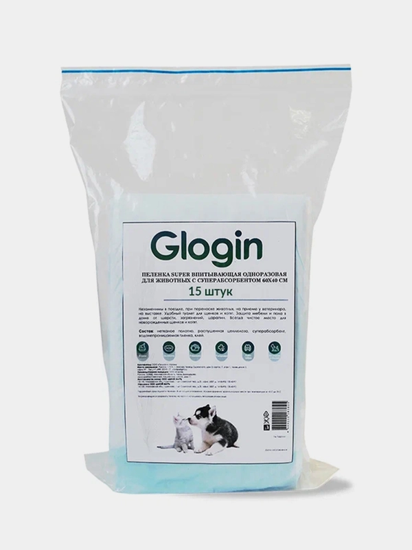 Одноразовая пеленка Glogin для животных, собак, кошек, с суперабсорбентом 60х40см, 15шт