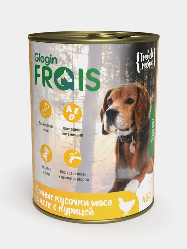 Консервы для собак Frais Holistic Dog, сочные кусочки мяса в желе, с курицей, 420г