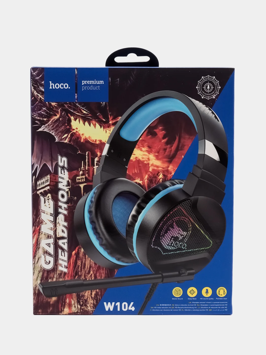 Синий накладные наушники игровые Hoco W104, полноразмерные, с микрофоном Drift + LED