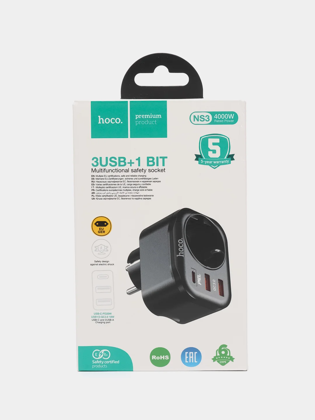 Черный розетка сетевая HOCO NS3 с 2 USB, разъём Type-C с быстрой зарядкой