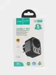 Черный розетка сетевая HOCO NS3 с 2 USB, разъём Type-C с быстрой зарядкой