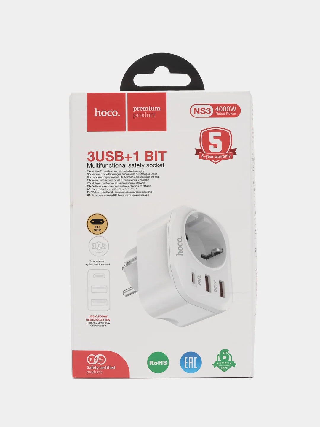 Белый розетка сетевая HOCO NS3 с 2 USB, разъём Type-C с быстрой зарядкой