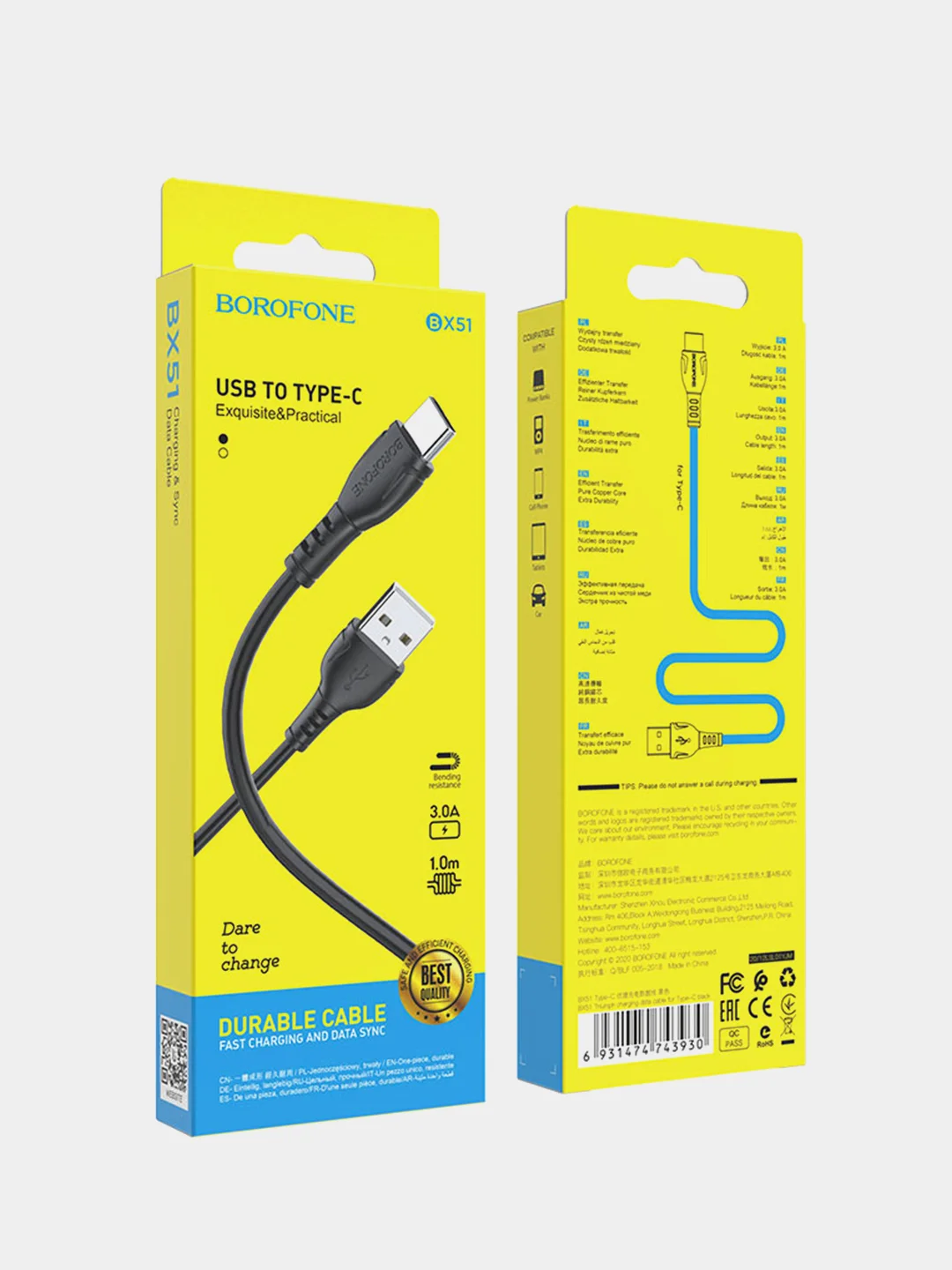 Черный кабель USB-C Borofone BX51 Triumph, Type-C-Lightning, белый, 3A, 60W, 1 м