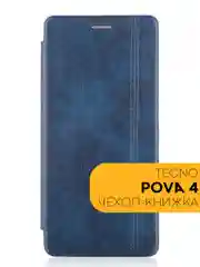 Синий чехол-книжка КАРТОФАН из экокожи на Tecno Pova 4 с функцией подставки и кармашком