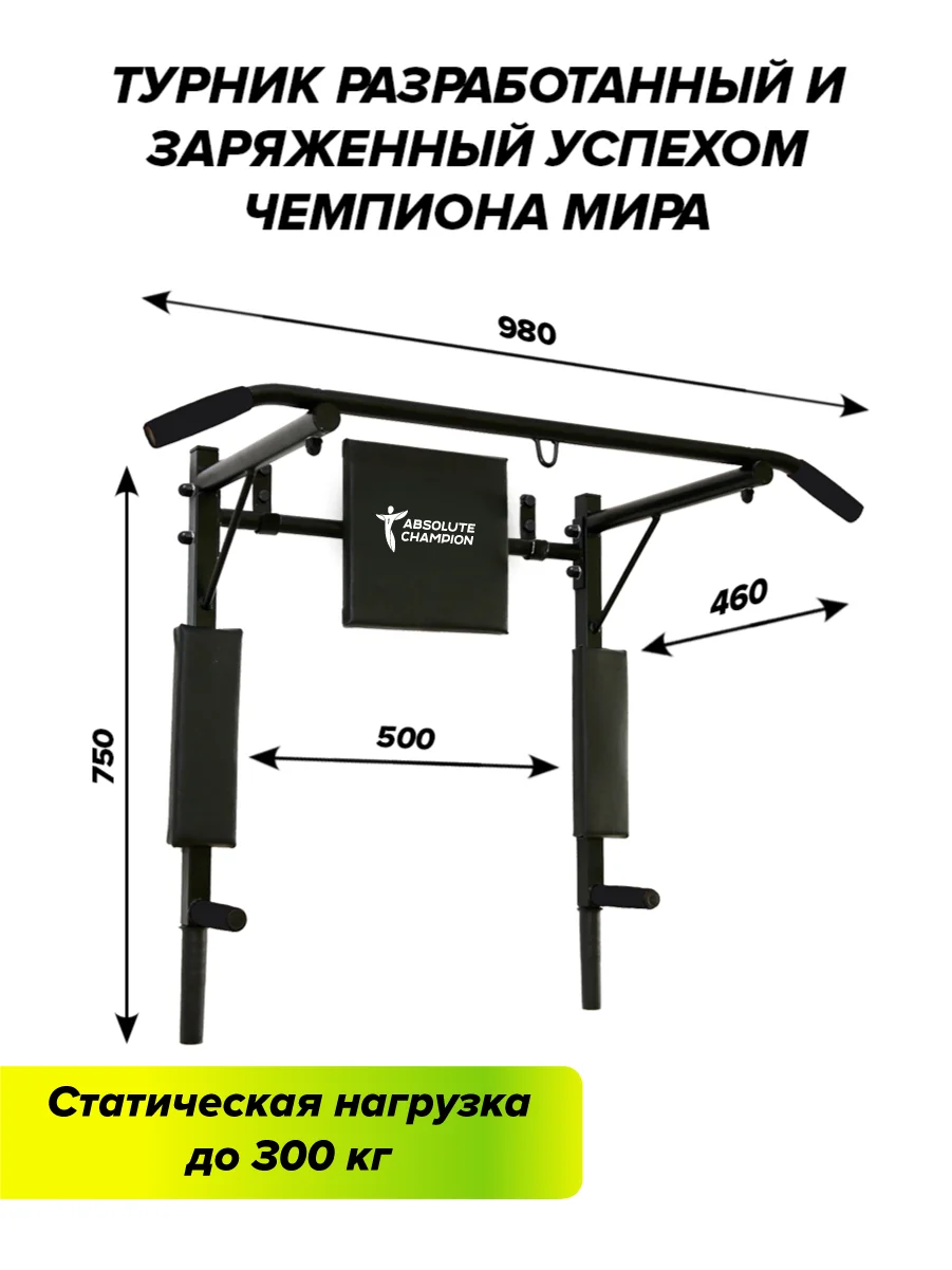 Турник Absolute Champion Прогресс черный усиленный, 300 кг. Турник настенный брусья пресс