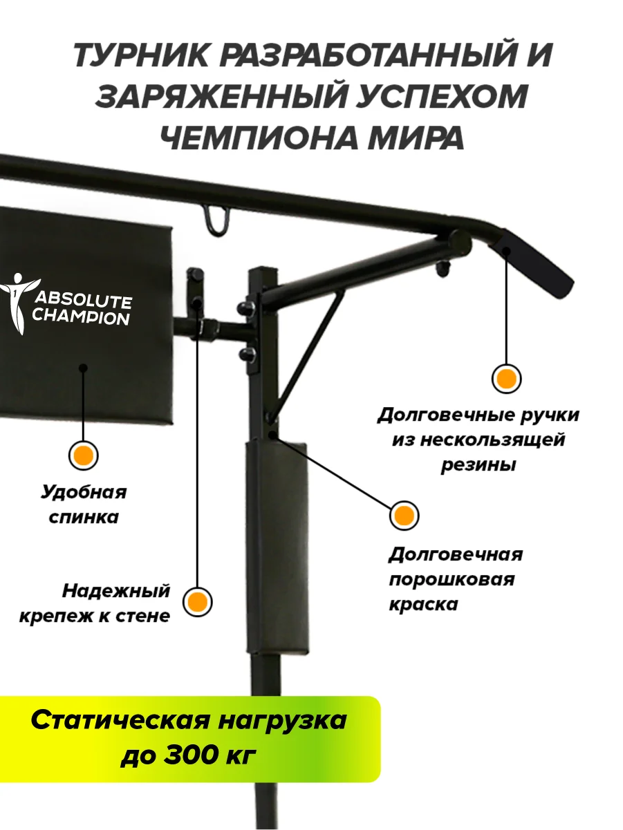 Турник Absolute Champion Прогресс черный усиленный, 300 кг. Турник настенный брусья пресс