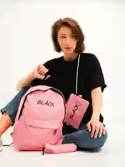 Розовый рюкзак женский текстильный, комплект из трех предметов