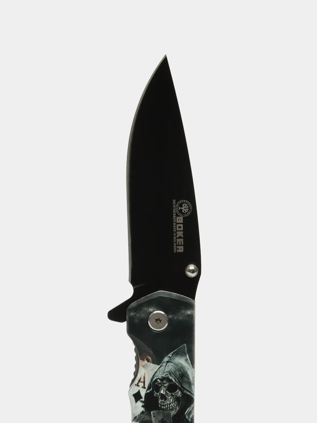 Черный нож туристический раскладной BOKER череп волк орел