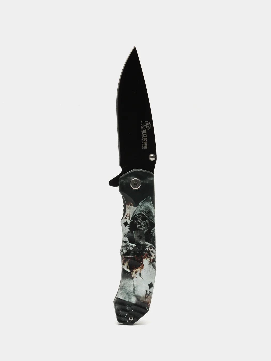 Черный нож туристический раскладной BOKER череп волк орел