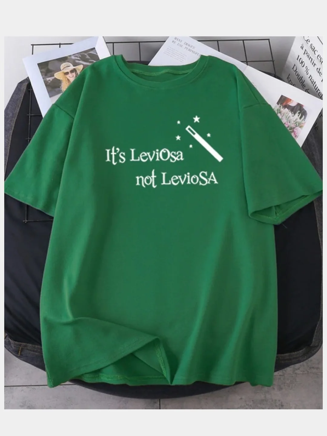 Зеленый футболка женская с печатью "Its LeviOsa, not LeviosA", по мотивам Гарри Поттера