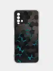 Бирюзовый силиконовый чехол на Xiaomi Redmi 9T / Редми 9Т прозрачный, с рисунком, защита камеры