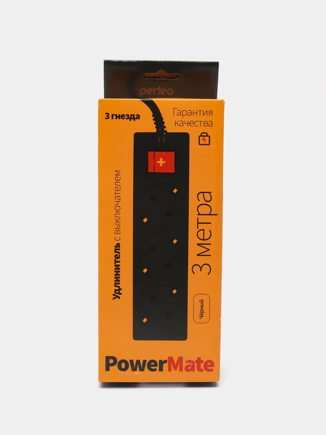 Черный удлинитель с выключателем Perfeo Powermate, 3 розетки