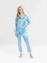 Пижамный костюм из брюк и рубашки, шелковый, с перьями