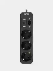 Черный сетевой фильтр Perfeo POWER STREAM 3 розетки, 2.5 кВт, двойная защита, 3 USB