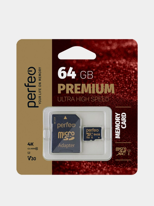 Карта памяти Perfeo microSDXC, 64GB, High-Capacity, Class 10, UHS-3 с адаптером