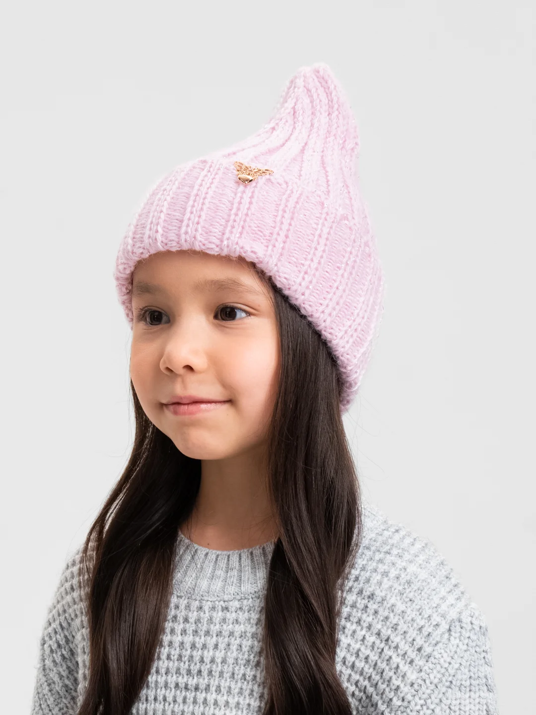 Розовый детская вязаная шапка Kid, тыковка-луковка с отворотом для девочек