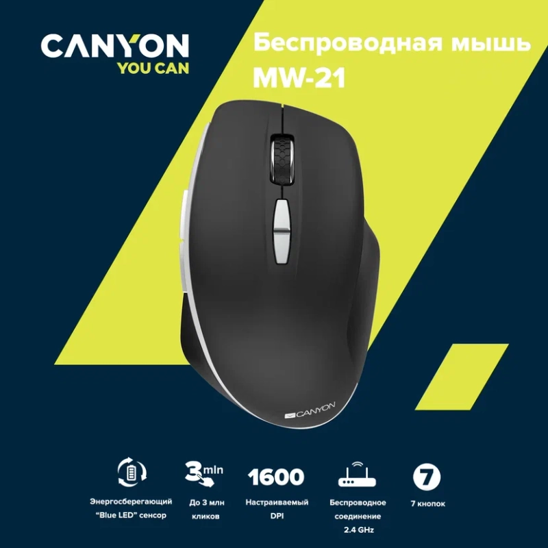 Беспроводная мышь Canyon MW-21, с сенсором Blue LED, 800/1200/1600 DPI