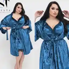 Голубой домашний комплект: халат и ночнушка, большие размеры
