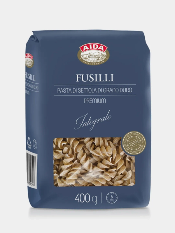 Макаронные изделия AIDA "Fusilli", цельнозерновые, спирали, 400 г