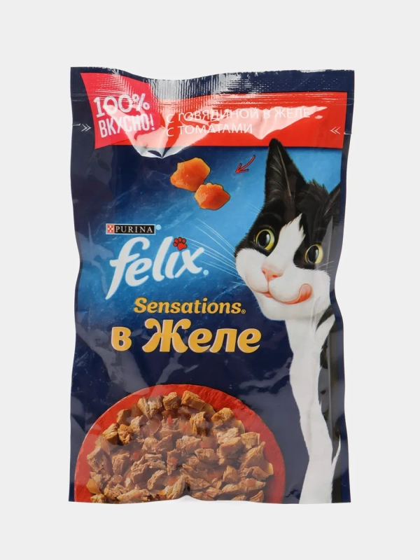 Влажный корм Felix Sensations для кошек, с говядиной в желе с томатами, 26 штук по 85г