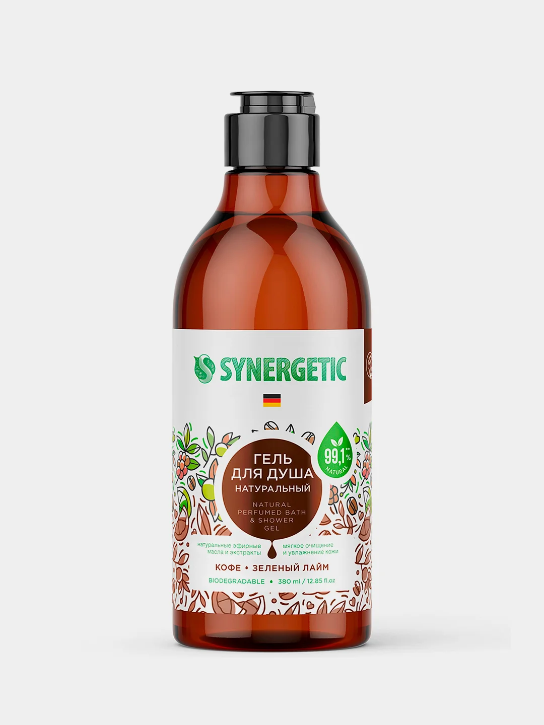 Гель для душа SYNERGETIC Кофе и зеленый лайм увлажняющий, натуральный, 380мл