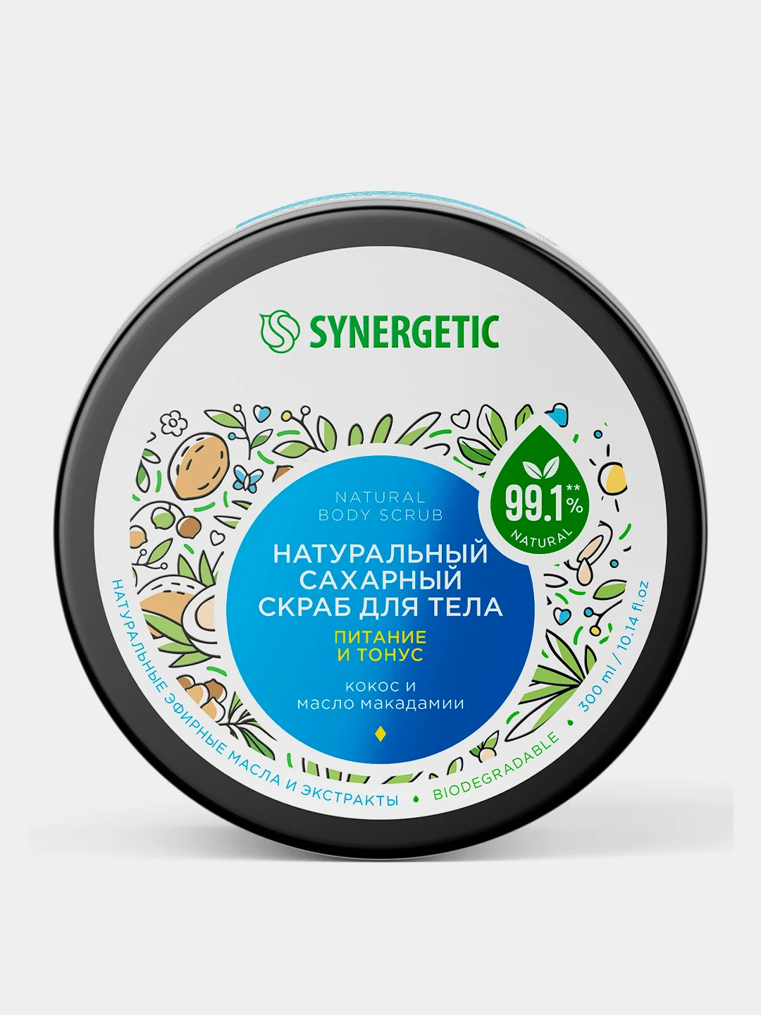 Скраб для тела SYNERGETIC питание и тонус Кокос и масло макадамии сахарный, 300мл