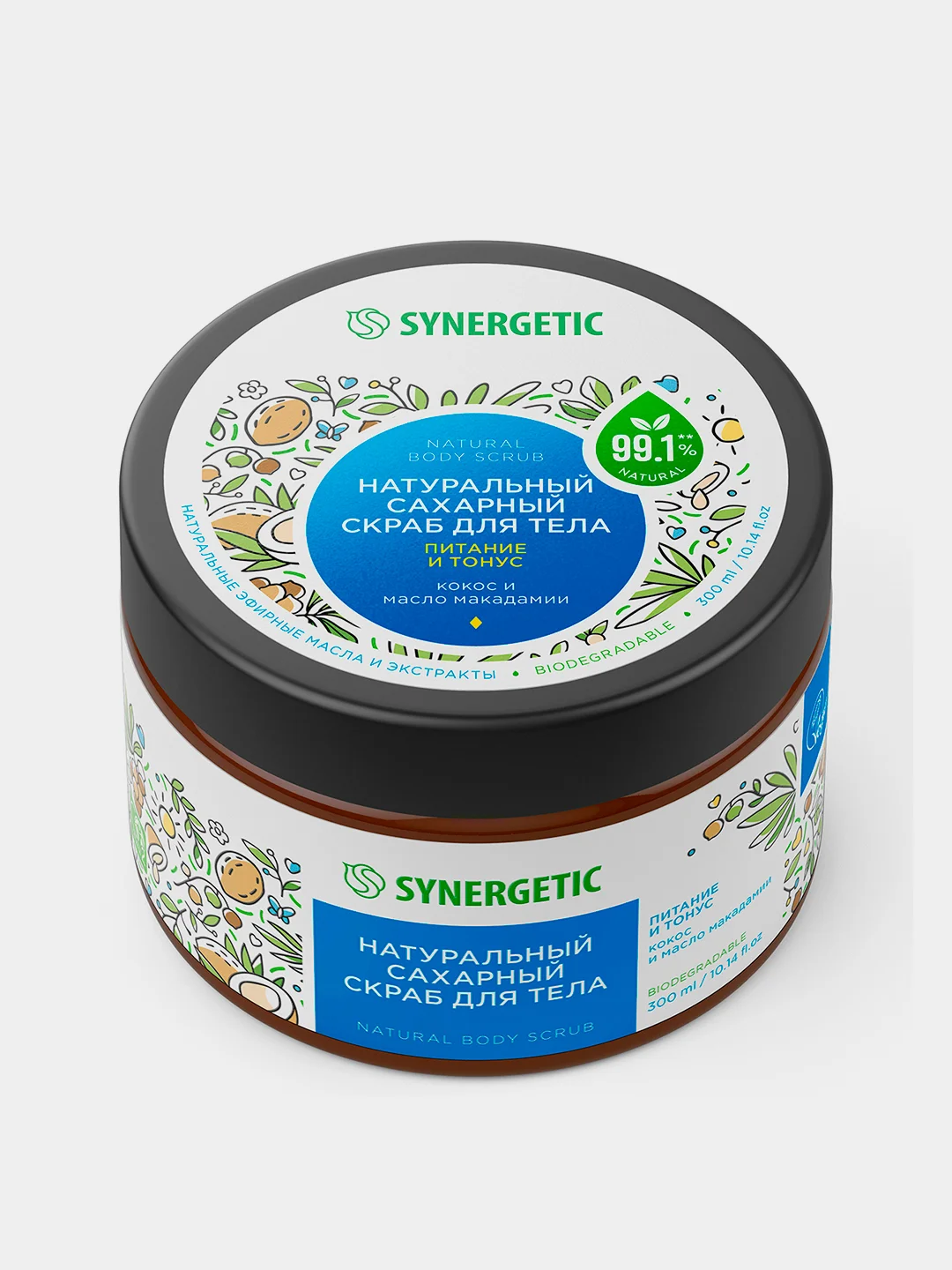 Скраб для тела SYNERGETIC питание и тонус Кокос и масло макадамии сахарный, 300мл
