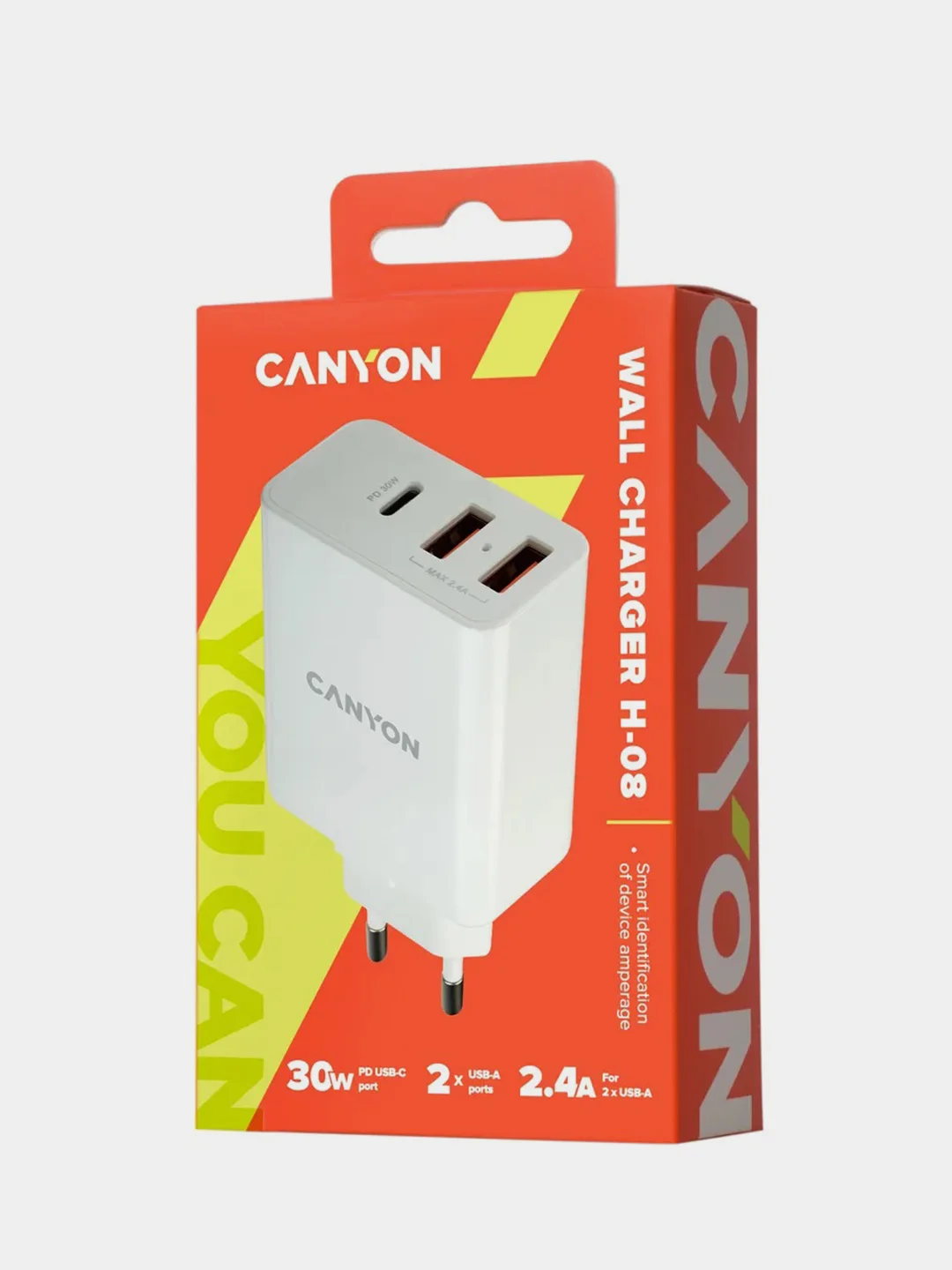 Белый сетевое зарядное устройство Canyon H-08, 2xUSB, 1xPD, 30W
