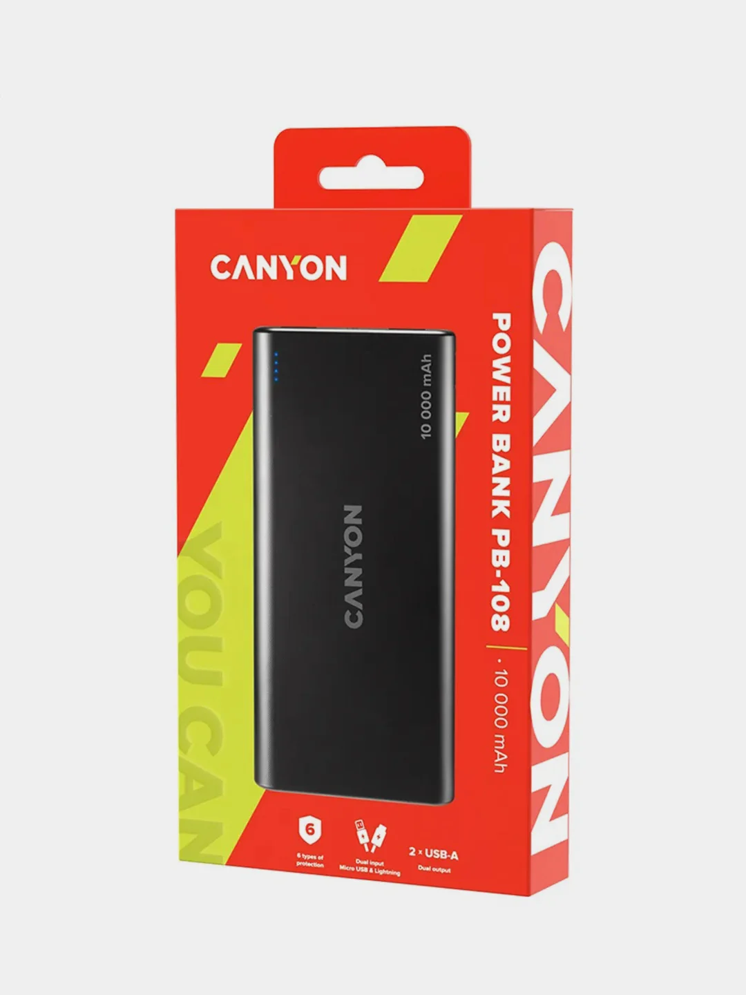 Черный компактный внешний аккумулятор Canyon PB-108, 2 х USB-A, 10000 мАч