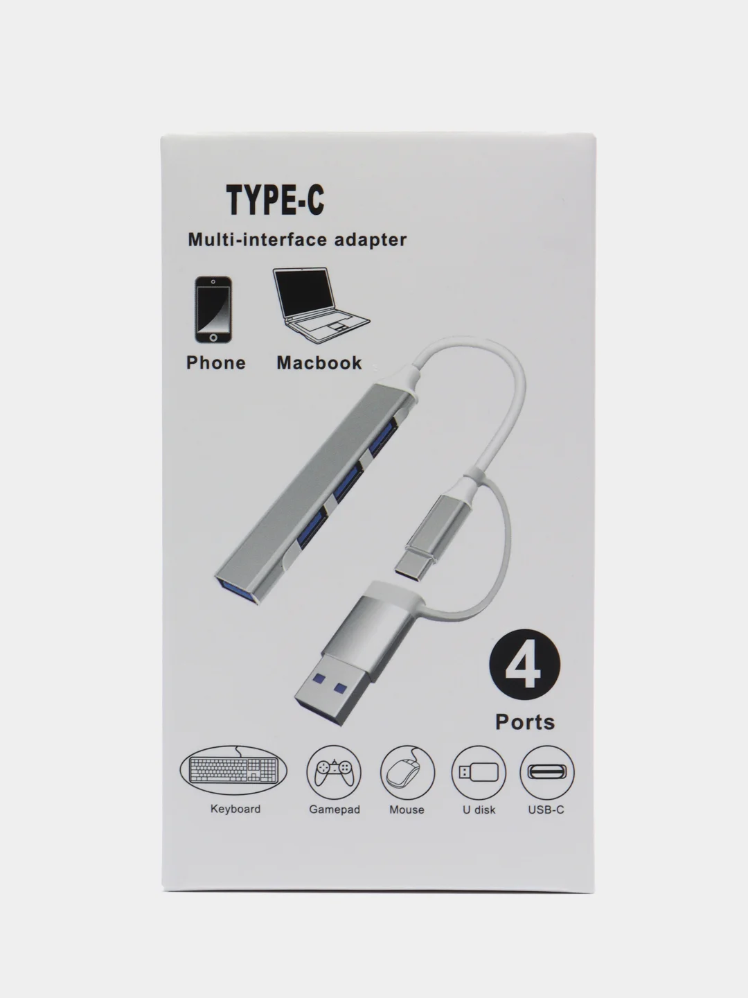 Серебряный usb hub концентратор универсальный usb 3.0 type-c 4 в 1