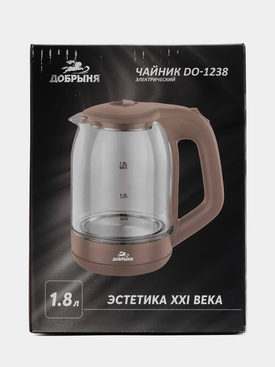Чайник электрический Добрыня DO-1238, бежевый, стеклянный, 1.8 л