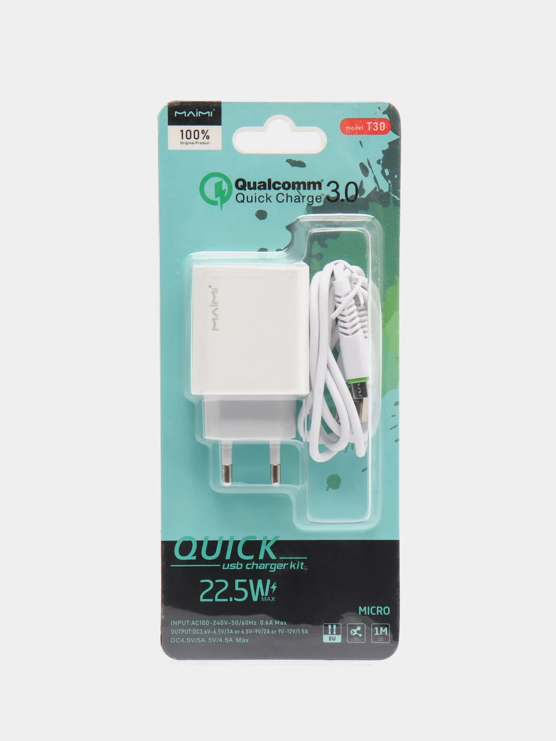 Белый зарядное устройство Maimi T30 Quick Charge 3.0 1xUSB 22.5W White Блок+USB Type-C/USB Micro