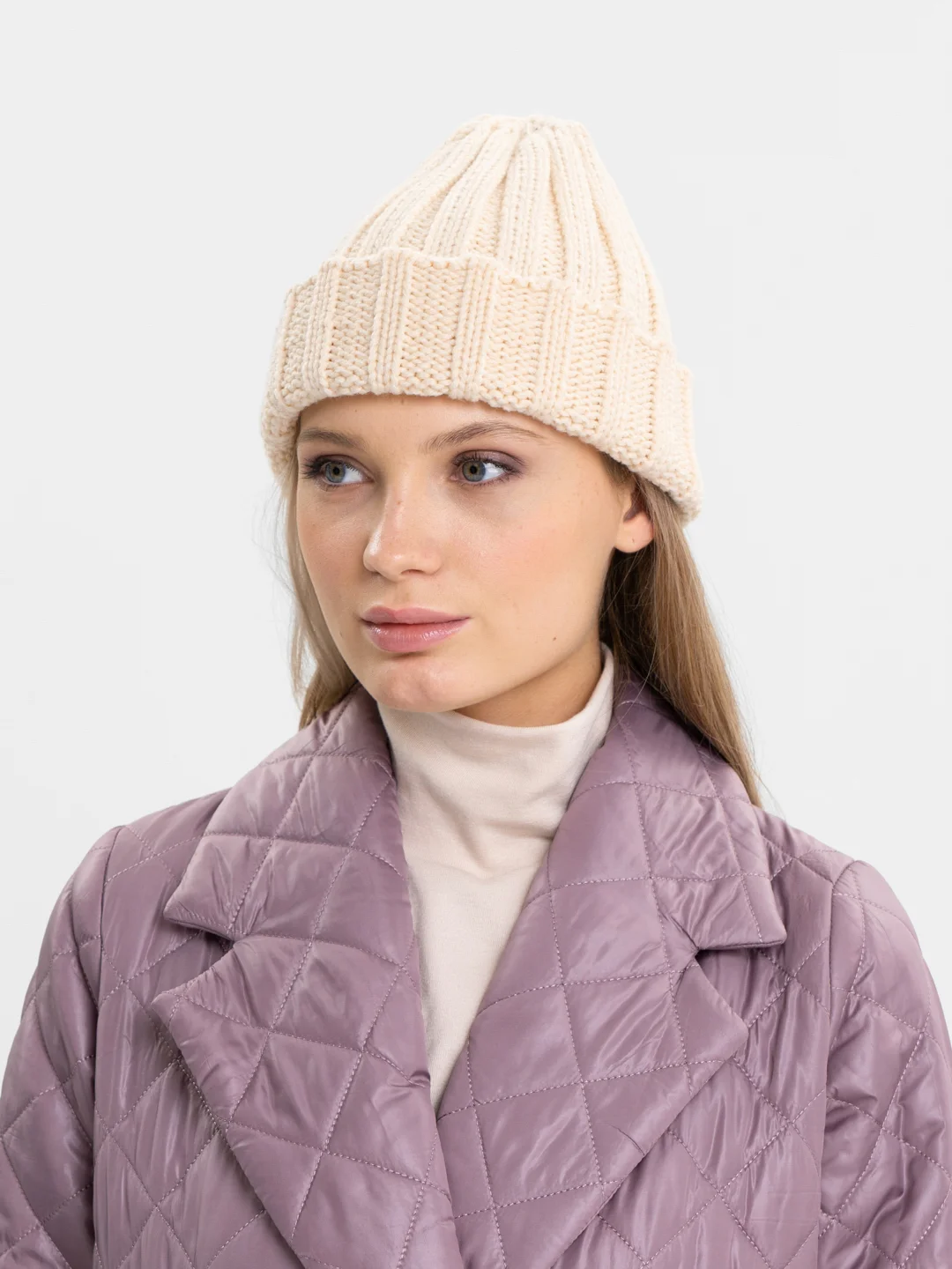 Бежевый шапка бини QP Store, вязаная, демисезонная