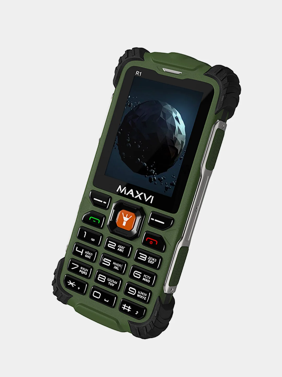 Зеленый мобильный телефон Maxvi R1, ЗАЩИТА ОТ ВЛАГИ И ПЫЛИ, АККУМУЛЯТОР 1800мАч