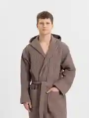 Бежевый халат мужской вафельный, с капюшоном