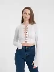 Белый топ на завязках  с рукавами, лонгслив на шнуровке спереди SHARMIN