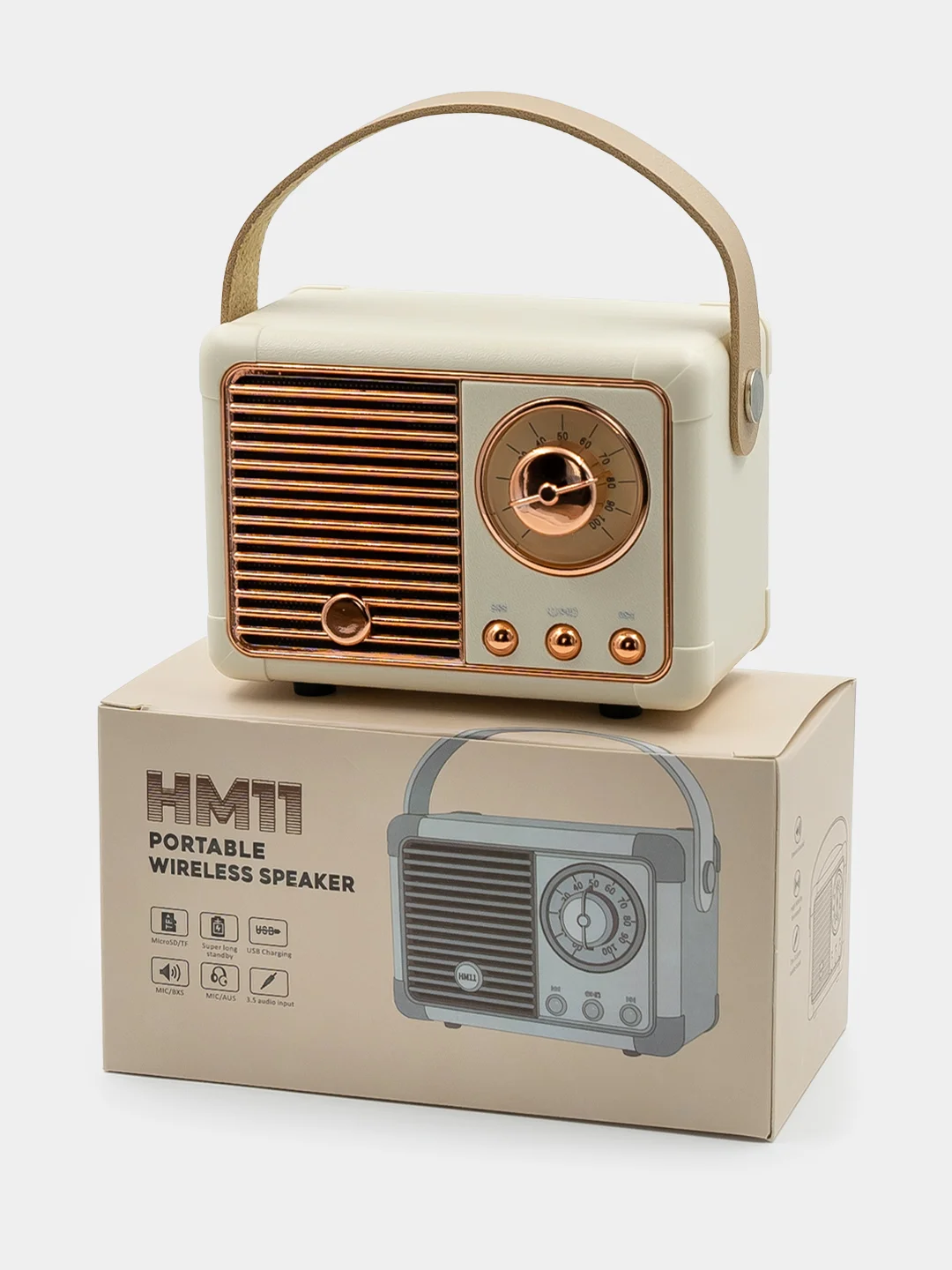 Белый колонка блютуз портативная "Ретро радио", Fm, USB, Bluetooth
