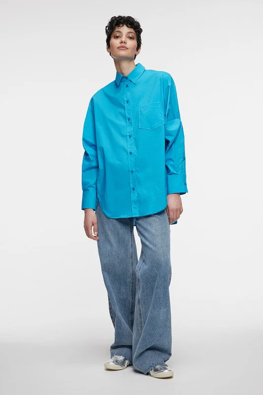 Синий рубашка женская Befree, oversize, хлопковая, с нагрудным карманом